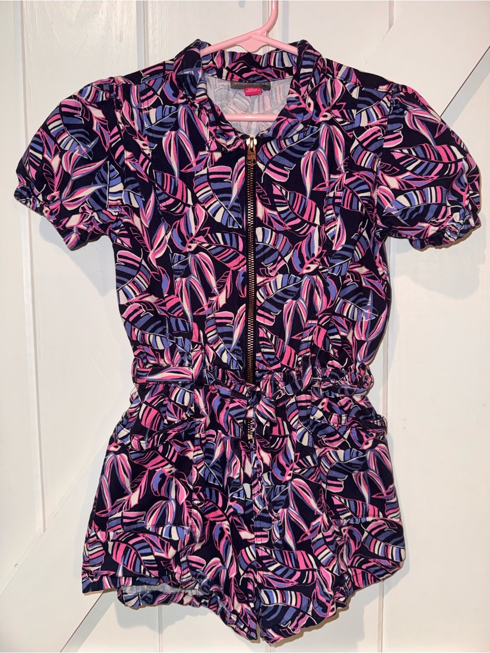 Vince Camuto Tropical Leaf Print Zip Front Romper Pink Blue Navy Size 7